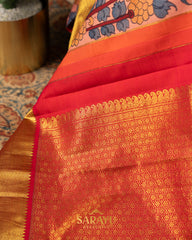 Peach and Red Authentic and Timeless Elegance Hand painted Pure Kanchi Kalamkari