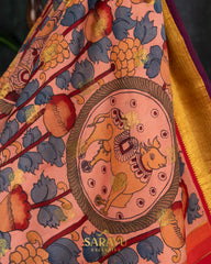 Peach and Red Authentic and Timeless Elegance Hand painted Pure Kanchi Kalamkari