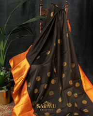 Stunning Black and Orange Combination Pure Kanchi Silk Saree