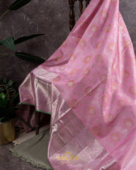 Rose Pink and Green Pure Kanchi Soft Brocade Silk
