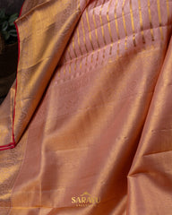Peach and Red Brocade Kanchi Pure Silk