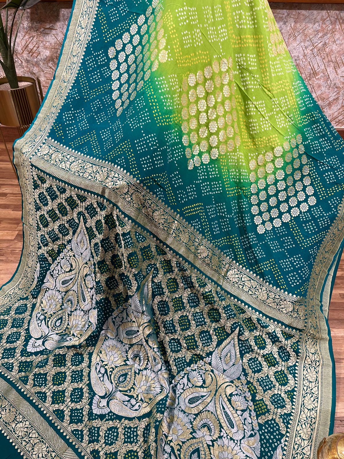 Parrot Green and Dark Green Pure Bandhini Georgette