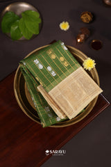 Green Kora Kanjivaram Silk Saree Gold Zari Checks