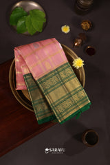 Kora Kanjivaram Silk Saree Peach Pink Green Gold Zari