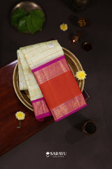 Pista Green Magenta Kora Kanjivaram Silk Saree Zari