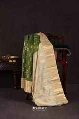 Green Kora Kanjivaram Silk Saree Gold Zari Checks