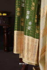 Green Kora Kanjivaram Silk Saree Gold Zari Checks