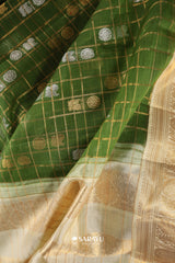 Green Kora Kanjivaram Silk Saree Gold Zari Checks