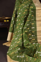 Green Kora Kanjivaram Silk Saree Gold Zari Checks