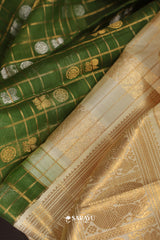 Green Kora Kanjivaram Silk Saree Gold Zari Checks