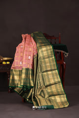 Kora Kanjivaram Silk Saree Peach Pink Green Gold Zari
