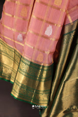 Kora Kanjivaram Silk Saree Peach Pink Green Gold Zari