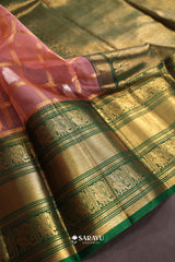 Kora Kanjivaram Silk Saree Peach Pink Green Gold Zari