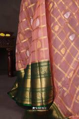 Kora Kanjivaram Silk Saree Peach Pink Green Gold Zari