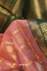 Kora Kanjivaram Silk Saree Peach Pink Green Gold Zari