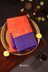 Coral Orange Royal Blue Kanchivaram Silk Saree Pure Zari