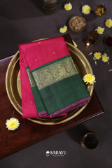Pink Forest Green Kanchivaram Silk Saree Pure Zari Peacock