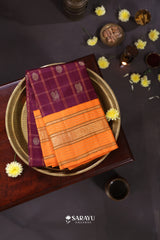 Purple Orange Kanchivaram Silk Saree Peacock Zari Butta