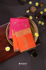 Rani Pink Orange Kanchivaram Silk Saree Yali Zari