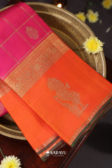 Rani Pink Orange Kanchivaram Silk Saree Yali Zari