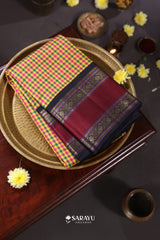 Multi Check Maroon Navy Kanchivaram Silk Saree Full Zari