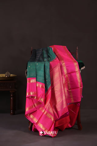 Teal Green Hot Pink Kanchivaram Silk Saree Gold Zari