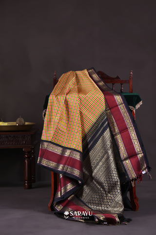 Multi Check Maroon Navy Kanchivaram Silk Saree Full Zari