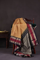 Multi Check Maroon Navy Kanchivaram Silk Saree Full Zari