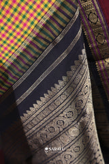 Multi Check Maroon Navy Kanchivaram Silk Saree Full Zari
