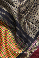 Multi Check Maroon Navy Kanchivaram Silk Saree Full Zari