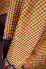 Multi Check Maroon Navy Kanchivaram Silk Saree Full Zari