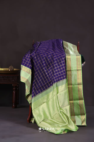 Navy Blue Parrot Green Kanchivaram Silk Saree Gold Zari
