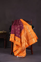 Purple Orange Kanchivaram Silk Saree Peacock Zari Butta