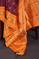 Purple Orange Kanchivaram Silk Saree Peacock Zari Butta