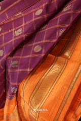 Purple Orange Kanchivaram Silk Saree Peacock Zari Butta