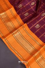 Purple Orange Kanchivaram Silk Saree Peacock Zari Butta