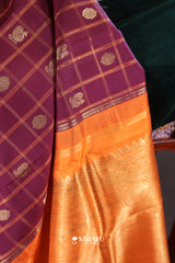 Purple Orange Kanchivaram Silk Saree Peacock Zari Butta