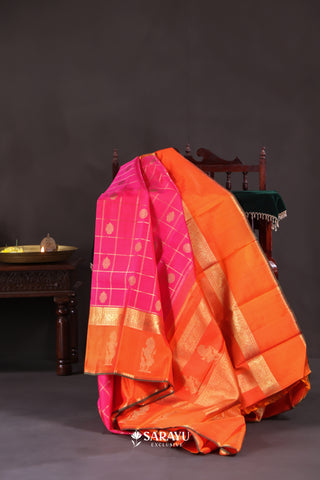 Rani Pink Orange Kanchivaram Silk Saree Yali Zari
