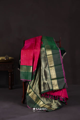 Pink Forest Green Kanchivaram Silk Saree Pure Zari Peacock