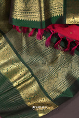 Pink Forest Green Kanchivaram Silk Saree Pure Zari Peacock