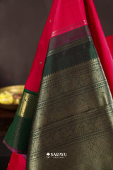 Pink Forest Green Kanchivaram Silk Saree Pure Zari Peacock