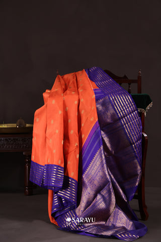 Coral Orange Royal Blue Kanchivaram Silk Saree Pure Zari