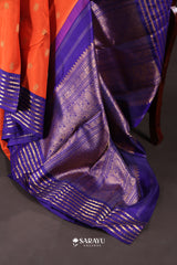 Coral Orange Royal Blue Kanchivaram Silk Saree Pure Zari