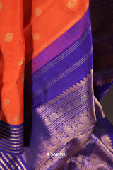 Coral Orange Royal Blue Kanchivaram Silk Saree Pure Zari