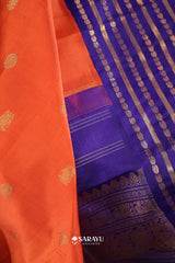 Coral Orange Royal Blue Kanchivaram Silk Saree Pure Zari