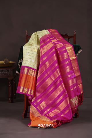 Pista Green Magenta Kora Kanjivaram Silk Saree Zari