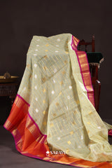 Pista Green Magenta Kora Kanjivaram Silk Saree Zari