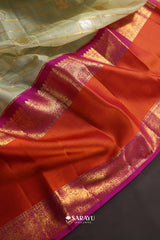 Pista Green Magenta Kora Kanjivaram Silk Saree Zari