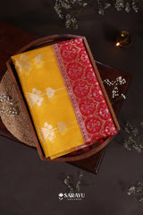 Mustard Yellow Banarasi Organza Saree Meenakari Border Zari Floral Buttas