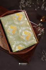 Pastel Green Banarasi Tissue Saree Floral Buttas Zari Weave Rich Pallu